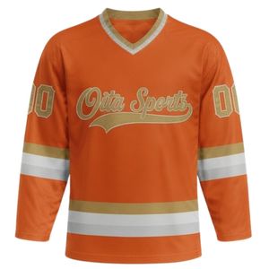 Ensemble Maillot et Short de Hockey sur Glace Sublimé Orange et Blanc pour Hommes, Col en V, Rayé, en Polyester, Tenue de Sport Performante - Product Image 3