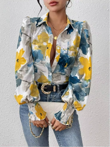 Women Watercolor Floral Print Blouse Long Sleeve Button Down Shirt Ruffle Hem Casual Fashion <b>Top</b> - Product Image 2