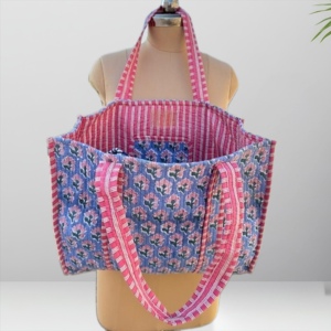 Bolso Tote Impermeable de Algodón Acolchado con Estampado de Bloques Personalizado, Estilo Vintage, Azul Leopardo, para Dama, Playa, Venta al por Mayor, Grande, Hecho a Mano - Product Image 6