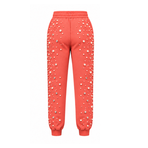 Coral Pearl Beaded <b>Jogger</b> Pants <b>Women</b> Fashion Embellished Drawstring Sweatpants Luxury Casual Streetwear <b>Fleece</b> Bottoms - Product Image 2