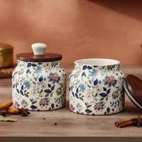 Ceramic Storage Jars With Wooden Lids Tea Coffee Sugar Country Style Airtight Kitchen Containers