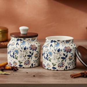 Ceramic <b>Storage</b> <b>Jars</b> With Wooden Lids Tea Coffee Sugar Country Style Airtight <b>Kitchen</b> Containers - Product Image 1