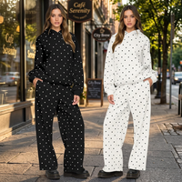 Vente flash : Ensemble survêtement femme en coton/polyester à pois, sweat à capuche oversize à épaules tombantes et pantalon large à taille élastique, style streetwear