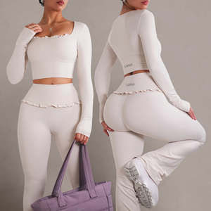 Custom <b>Pink</b> <b>Yoga</b> Set Women's Ballet Inspired Ruffled Long Sleeve Butt Lifting Leggings Comfortable Soft Gym Running Activewear - Product Image 4