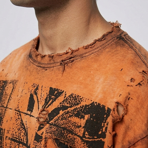 Men's Orange Oversized Printed Washed T-Shirt Street Style 100% Cotton Top Mens Custom Distressed Acid Wash Tee Shirts Men - Product Image 4