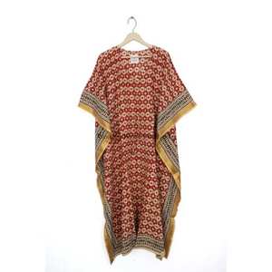 Caftán indio Bagru de algodón estampado de manga corta con diseño de borde, vestido largo de cintura natural, lavable y ecológico para mujer. - Product Image 3