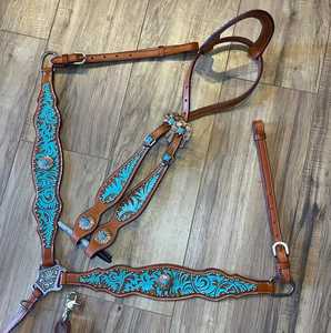 Ensemble de sellerie western de qualité supérieure en cuir véritable, avec têtière et collier de poitrage, garniture à points de boutonnière, pour usage équestre - Product Image 4