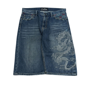 Shorts en jean décontractés pour hommes, personnalisables avec étiquette privée, broderie Dragon Blanc, coupe ample, délavage vintage, séchage rapide et respirant - Product Image 1