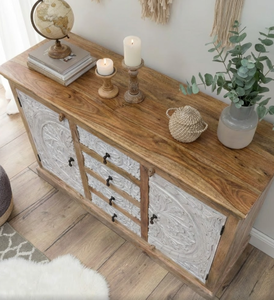 Aparador Modular Ajustable para Sala de Estar, Tallado a Mano en Madera, Tradicionalmente Blanco, Ecológico, Moderno - Product Image 3