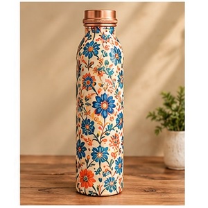 Traditional <b>Copper</b> <b>Water</b> <b>Bottle</b> with Bird and Flower Pattern Portable Travel Drinkware Set - Product Image 4