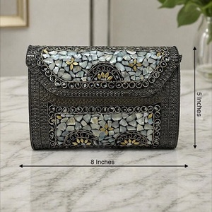 UnfoldSelf Luxury Eco-Friendly Handmade <b>Green</b> Stone Embellished Gold <b>Clutch</b> <b>Bag</b> | Modern Designer Mirror Work Bridal <b>Wedding</b> - Product Image 1