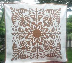 Brown White Hawaiian Applique <b>Quilt</b> Hand Quilted Cotton Bedspread For Queen California King <b>Bedding</b> With Heirloom Craftsmanship - Product Image 4