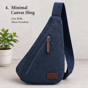 Sac bandoulière minimaliste en toile bleu marine avec fermeture éclair, logo embossé, petite taille, toutes saisons, usage quotidien - Product Image 1