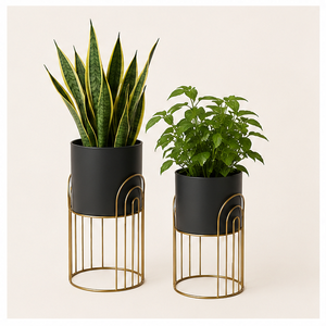 Modern Stylish Metal Indoor <b>Plant</b> Stand Set with Matte Black Pots & Gold Geometric Wire <b>Frames</b> for Luxury Living Room - Product Image 4