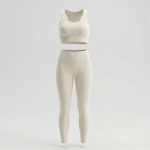 Ensemble de yoga sans couture pour femmes, 2 pièces, haut court à col rond et dos nageur, leggings taille haute longueur intégrale, beige - Product Image 1