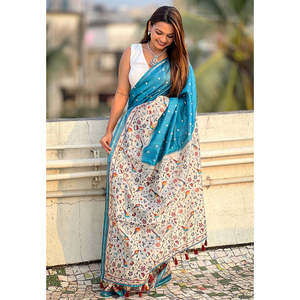Sari en soie gujaratienne Kalamkari bleu denim Elite Weaves avec bordure Zari, élégant, extensible, séchage rapide, protection solaire pour l'été - Product Image 2