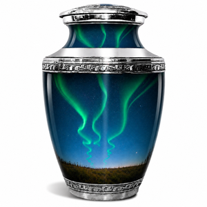 Urna Funeraria Aurora Waterfall con Ilustración de Brillantes Luces del Norte, Paisaje Escénico de Cascada y Elegante Urna Grabada en Plata - Product Image 2