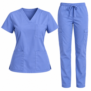 Ensemble de tenue médicale pour femme violet prune : Haut à col en V et manches courtes avec poches, pantalon cargo fuselé à cordon de serrage – Uniforme d'infirmière, tenue quotidienne - Product Image 1