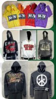 Sweat à capuche zippé surdimensionné en molleton pour homme, avec épaules tombantes, patchs usés, broderies et strass, 80% coton 20% polaire