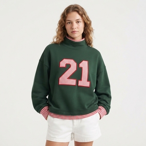 Sweat-shirt oversize à col roulé avec col et poignets à carreaux, logo imprimé sur le devant, décontracté, manches longues, en coton tricoté, pour l'automne - Product Image 5