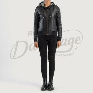 Premium Women Black Real Leather Hooded <b>Jacket</b> Slim Fit Soft <b>Sheepskin</b> Bomber <b>Jacket</b> With Drawstring Hood Casual Outerwear - Product Image 3