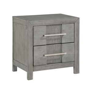 Comodino moderno in legno grigio a 2 cassetti con maniglie in metallo argentato - Product Image 1