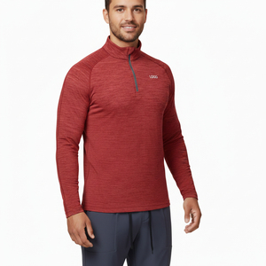 Men's Long Sleeve Stand Collar Quarter <b>Zip</b> Solid Color Quick Dry Knitted Casual <b>Shirt</b> Red Full Sleeve Autumn Wear - Product Image 2