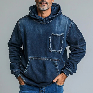 <b>Men's</b> Vintage Denim Hoodie Solid Color 100% Cotton Casual Sweatshirt with Pockets Regular Fit Autumn Wear - Product Image 4
