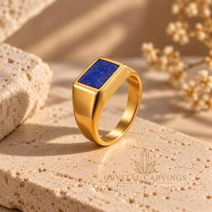 Natural Lapis Lazuli Signet <b>Ring</b> Rectangular Blue Gemstone <b>Ring</b> <b>Mens</b> Unisex Statement Jewelry Custom Gold Plated <b>Silver</b> <b>Ring</b> - Product Image 1