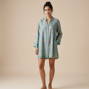 Tunique en soie bohème de luxe pour femme, taille unique, vert mousse de mer, motif floral corail, style Ibiza, coupe ample, col en V, élégante, décontractée, pour la plage et les stations balnéaires - Product Image 2
