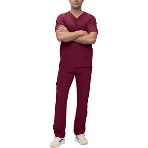Ensemble de blouses médicales bordeaux, haut à col en V avec poches et pantalon, uniforme d'hôpital, tissu tissé en coton et polyester - Product Image 1