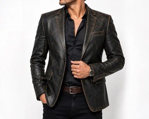 Blazer en cuir noir vintage pour homme, veste en cuir d'agneau véritable, col à revers, 2 boutons, blazer en cuir classique - Product Image 1