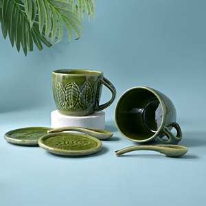 Green Bliss Glazed Ceramic Mug <b>Set</b> of 2 300ml Capacity <b>Microwave</b> Safe Heart and Fruits Pattern for Coffee and Tea - Product Image 5