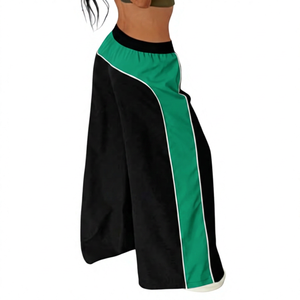 Pantalon large taille haute pour femme en velours noir et violet avec blocs de couleur et bande latérale, coupe décontractée, longueur intégrale, taille élastique - Product Image 3