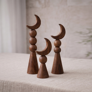 Premium Brown Gloss Wooden Moon Finial Set. Elegant <b>Stacked</b> Bead Design Pillars For Classic Home Luxury & Eid Tabletop Decor - Product Image 5