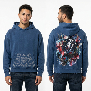 Sudadera con capucha azul vintage para hombre al por mayor, con gráfico de pareja en acuarela personalizado, estilo streetwear, oversize, con dobladillo desgastado y forro polar - Product Image 1