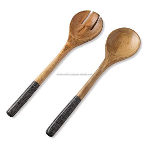 Juego de servidor de ensalada de madera de acacia con mango largo de resina, artesanías artísticas ecológicas aptas para lavavajillas y microondas - Product Image 6