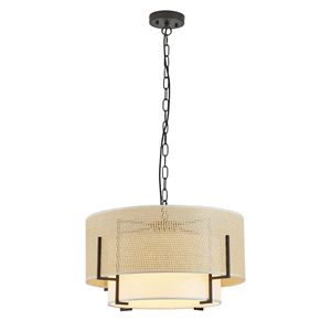 Lampadario Rustico Boho da 19,7 Pollici per Sala da Pranzo, 4 Luci, in Rattan Intrecciato a Mano con Paralume in Tessuto, Lampadario a Tamburo - Product Image 1