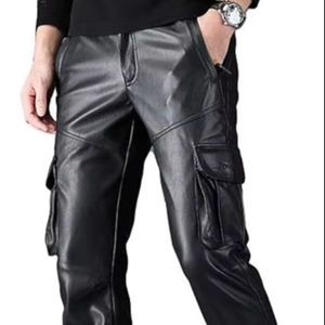 Pantalones de Cuero para Hombre, Diseño Sólido con Bolsillos, Pantalones de Cuero Rectos o Curvos con Rayas para Verano - Product Image 1