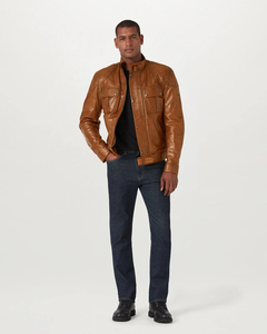 Blouson moto en cuir véritable marron pour homme, col montant, fermeture boutonnée, coupe classique, style automne, fournisseur en gros pour marques privées - Product Image 4