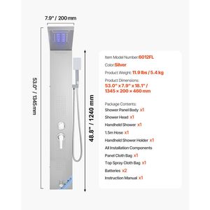 53 Brushed Stainless Steel <b>Shower</b> Column 5 Function Tower System Rainfall Waterfall <b>Shower</b> Head LED Fau-<b>Shower</b> Room <b>Accessories</b> - Product Image 6