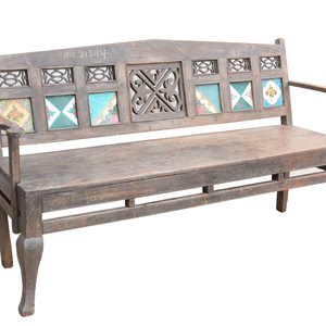 Haswani Handicrafts Solid Wood Handcrafted <b>Bench</b> with Tile Inlay Backrest Durable & Comfortable Rustic Vintage Design Rajasthan - Product Image 1
