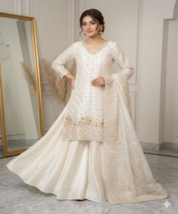 DESIGNER FENDY <b>BEADS</b> WITH SEQUENCE EMBROIDERY & CUT WORK <b>TOP</b> PALAZZO WITH DUPATTA 84597 WHITE - Product Image 2