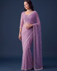 Sari de red morado de moda para mujer, bordado con lentejuelas y perlas, para fiesta, elegante, indio, étnico. - Product Image 1