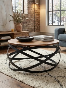 Mesa de Centro Moderna Redonda con Tapa de Madera y Estructura Metálica, Mueble Decorativo para Sala de Estar - Product Image 4