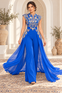 Mishkat Couture Royal Blue Plum Velvet Embroidered <b>Gold</b> Beadwork Long Sleeves Cape Overlay <b>Belt</b> Elegant Wedding Evening Party - Product Image 5