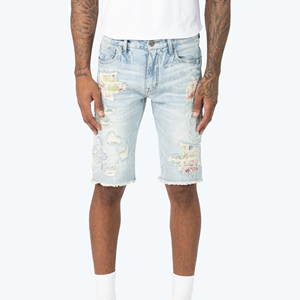 Hot Selling Breathable Light Wash Elastic Waist <b>Men</b> Denim Shorts High Quality Custom Logo Printed Summer 100% Cotton - Product Image 1
