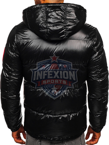 Men's Black Hooded Puffer <b>Jacket</b> With <b>Red</b> Lining And Sleeve Patch Windproof Winter Casual Coat Zipper Closure - Product Image 3