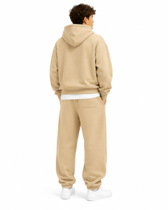 Beige Fleece Men's Hoodie Tracksuit Set Warm Brushed Lining Soft Joggers Relaxed Fit Streetwear Daily Wear Custom Logo OEM Ready - Product Image 2