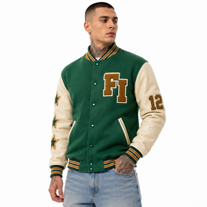 Veste de sport pour homme verte avec logo brodé et numéros, manches en cuir patchwork, col rabattu, style décontracté - Product Image 4